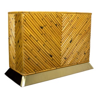 Late 20th Century Modern Coastal Island Sofa or Console Table Split Reed Bamboo Pedestal & Brass Plinth Base For Sale