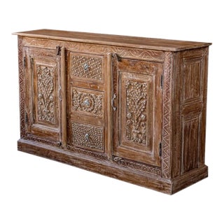 1920s Brass Studs Tv Media Sideboard, Ornate Carved Sideboard Buffet, 55x35 For Sale