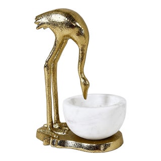 Palm Beach Style Gold Heron Accent Sculpture With Marble Bowl For Sale