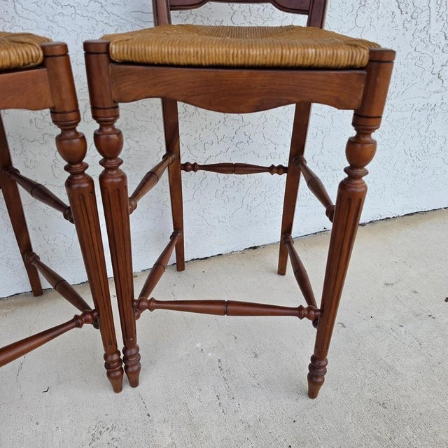 Ethan Allen Country French Wheat Sheaf Back Rush Seat Bar Stools Set of 2 For Sale - Image 9 of 18