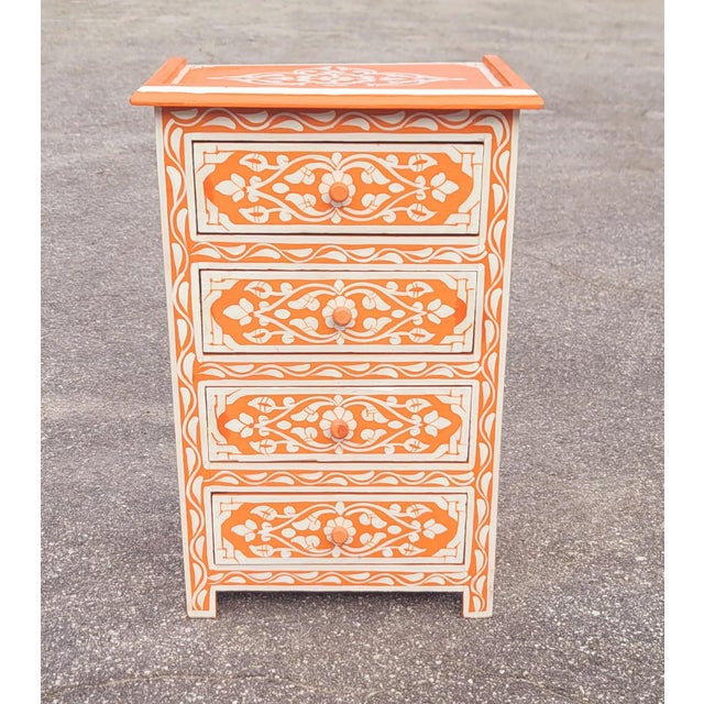 Wood Hand‑Painted Moroccan Nightstand / Orange and White Zoua9 Woodwork For Sale - Image 7 of 7