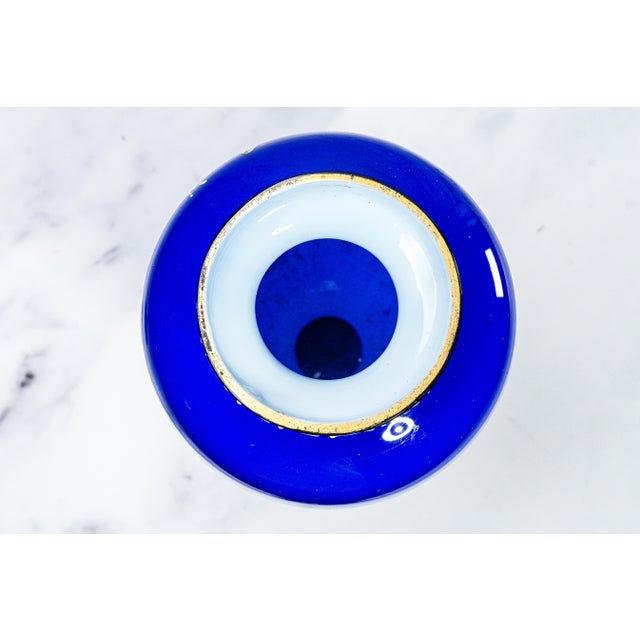 Striking Cobalt Blue and Hand Painted White Dragon Fly Flower Design Antique Victorian Decorative Vase For Sale - Image 15 of 17