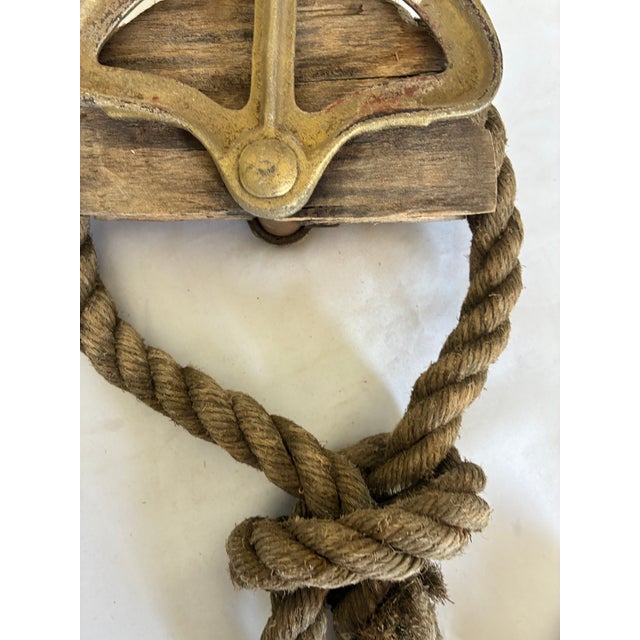 Vintage Nautical Wood & Cast Metal Pulley Block With Rope – Maritime Industrial Décor For Sale In Oklahoma City - Image 6 of 12