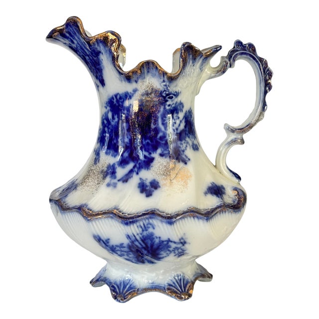 Antique Made in England Flow Blue Large Scale Pitcher For Sale
