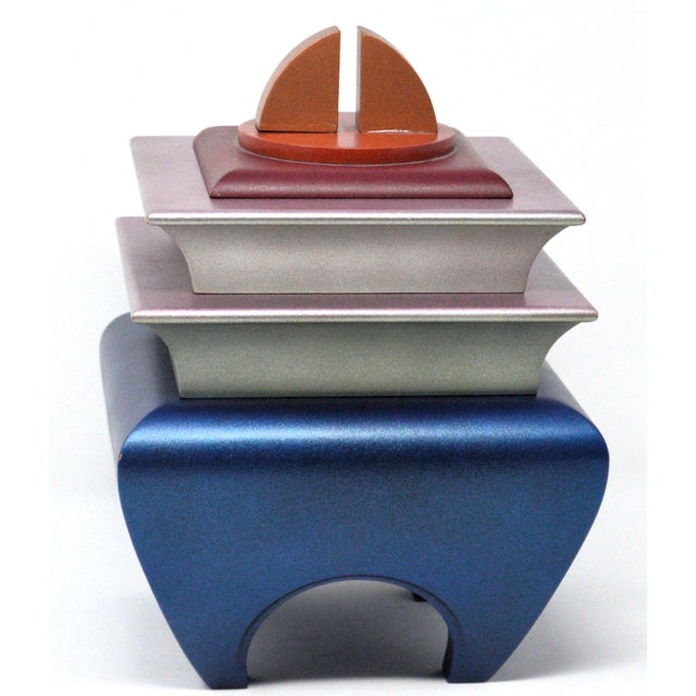 Artist Signed Crafted Pagoda Style Metallic Wood Stacking Catchall Box.. Beautiful postmodern artist sined stacking...