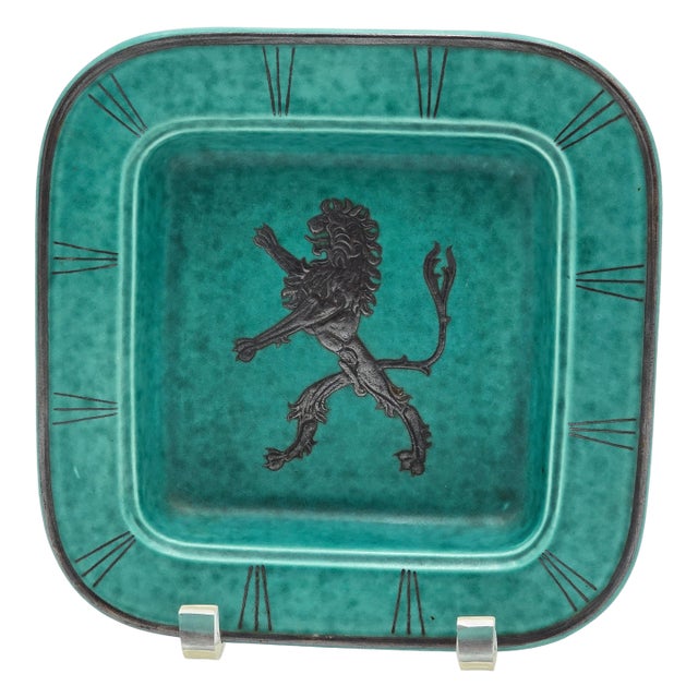 Vintage Wilhelm Kåge Gustavsberg "Argenta" Footed Dish With Silver Heraldic Lion For Sale