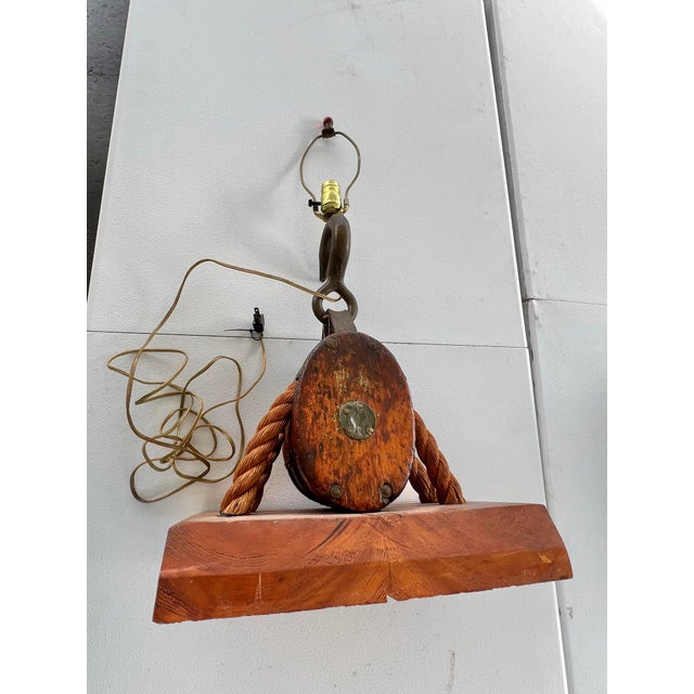 Mid 20th Century Vintage Double Block & Tackle Rustic Industrial Nautical Lamp For Sale - Image 5 of 12
