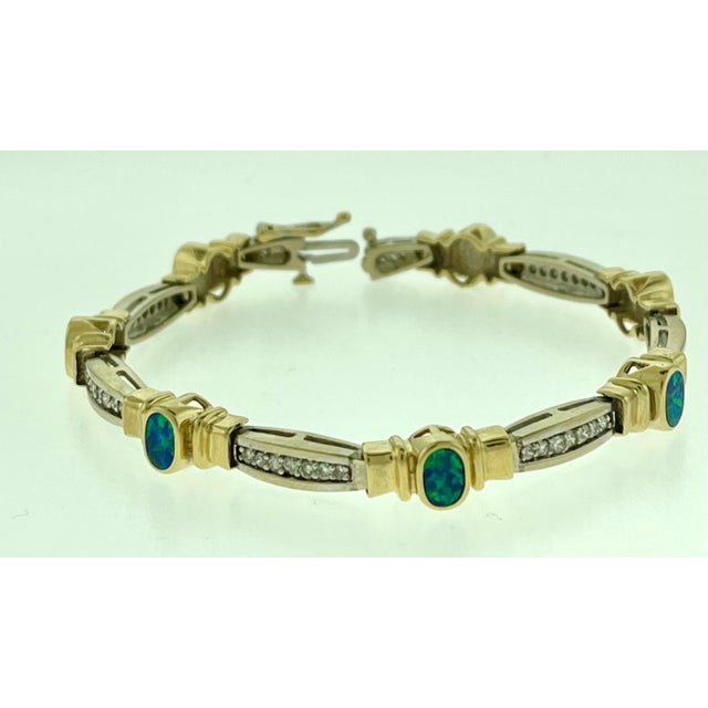 Contemporary Natural Opal & Diamond Tennis Bracelet 14 Karat Two Tone Gold For Sale - Image 3 of 18