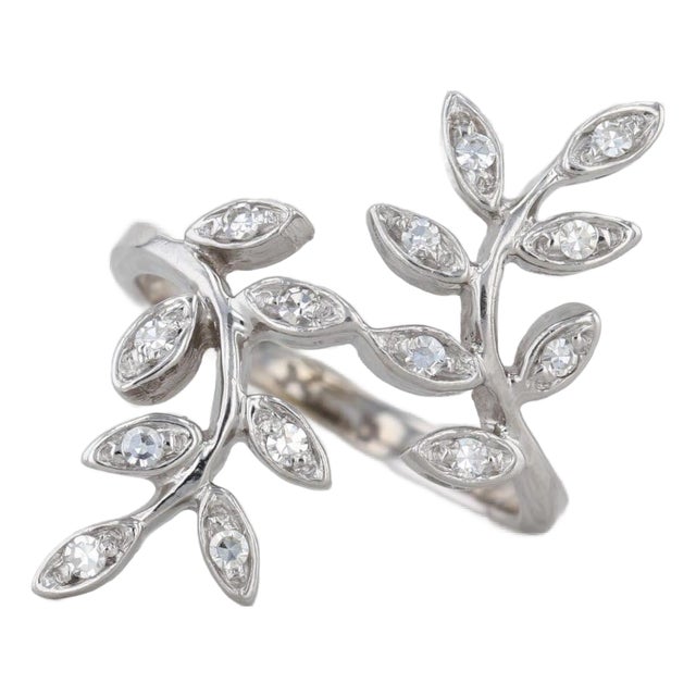 0.20ctw Vine Work Flower Bypass Ring 14k White Gold Size 6.25 Floral Cocktail For Sale