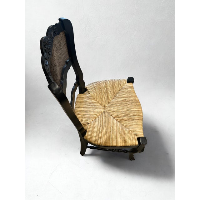 Set of 6 Vintage Carved Wood Country French Rush Seat Dining Chairs For Sale - Image 4 of 9