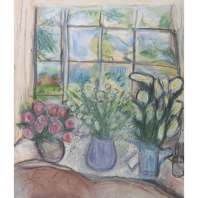 English Vintage Modernist Window & Flower Still Life Pastel Painting For Sale - Image 3 of 3