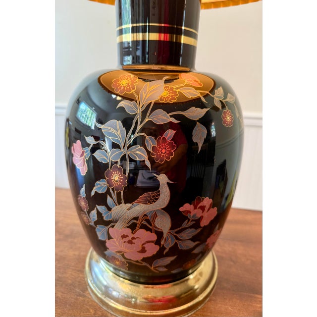 Metal Mid 20th Century Chinoiserie Peacock Floral Lamp For Sale - Image 7 of 12
