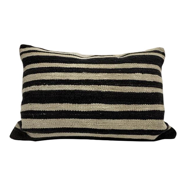 Turkish Hemp Pillow Cushion Natural Beige Black Pillow Cushion Cover 16" x 24" For Sale