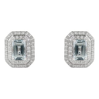 1.23ct Modern Aquamarine & Diamond Double Halo Stud Earrings 14k Gold- 2 Pieces For Sale