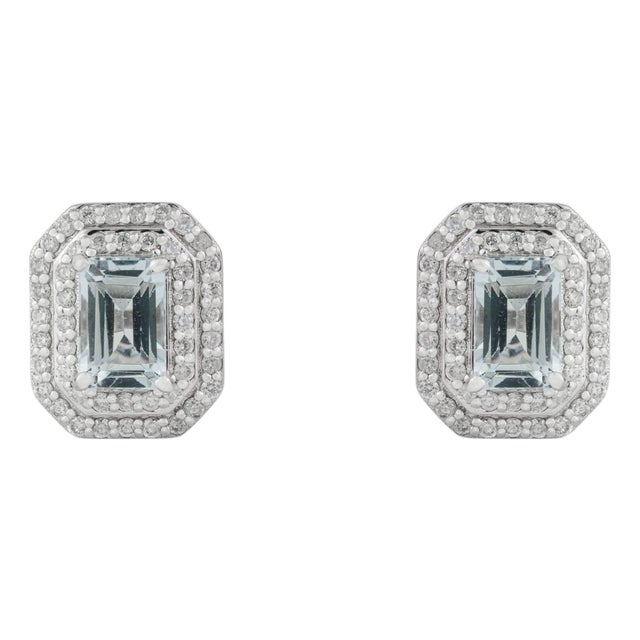 1.23ct Modern Aquamarine & Diamond Double Halo Stud Earrings 14k Gold- 2 Pieces For Sale
