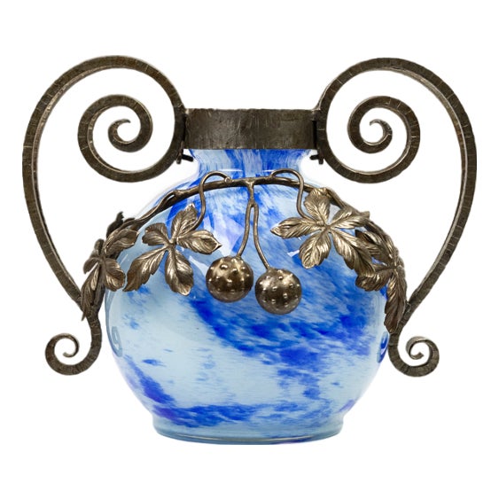 Art Nouveau Vase in Blown Blue Marbled Glass by André Delatte, 1925 For Sale