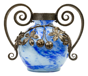 Art Nouveau Vase in Blown Blue Marbled Glass by André Delatte, 1925