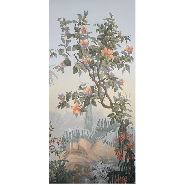 Not Yet Made - Made To Order 36" * H108" * 4ps, Hand-Painted French Retro Tropical Jungle Floral & Bird Wall Mural, Soft Mist Botanical Wallpaper For Sale - Image 5 of 6