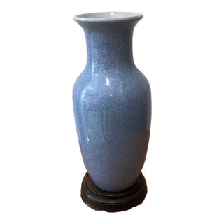 Vintage Chinese Blue Crackle Glaze Porcelain Baluster Vase on Wood Base For Sale