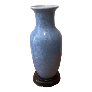 Vintage Chinese Blue Crackle Glaze Porcelain Baluster Vase on Wood Base