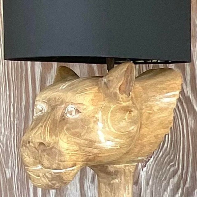 Vintage Boho Cerused Wood Winged Lion’s Head Lamp For Sale In West Palm - Image 6 of 13