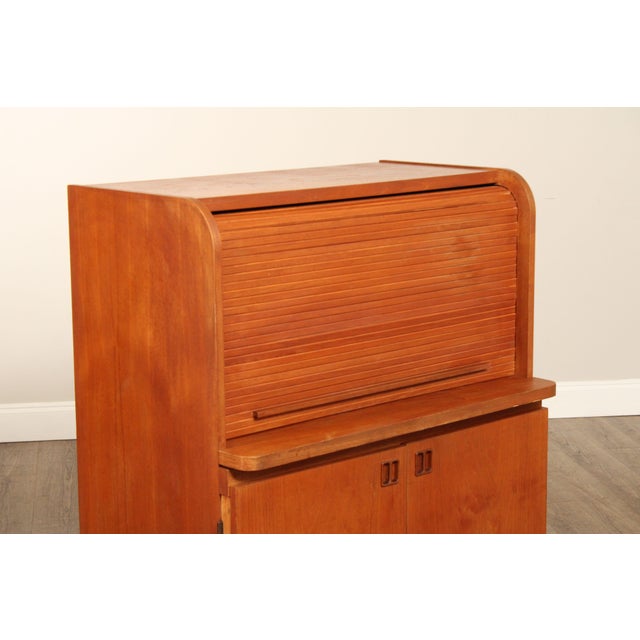 Brown Danish Modern Vintage Teak Roll Top Bar Cabinet or Secretary Desk For Sale - Image 8 of 12