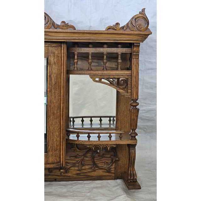 Wood Antique 1890s Tiger Oak Over Mantel With Bowed Glass Cabinet & Beveled Mirrors For Sale - Image 7 of 17