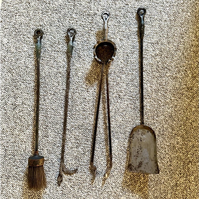 Sunflower Arts & Crafts Wrought Iron Fireplace Hearth Set Hand Forged 1900s For Sale - Image 10 of 15