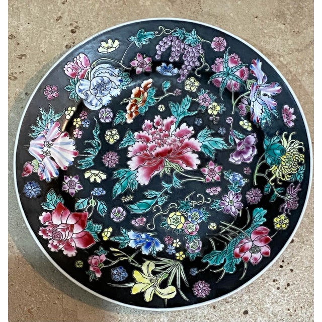 Black Vintage Chinese Jingdezhen Zhongguo Famille Noire Mille Fleur Decorative Plate For Sale - Image 8 of 8