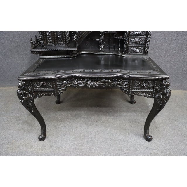 Chinese Highly Carved Chinese Dragon Black Lacquer Writing Desk / Secretary Desk For Sale - Image 3 of 15