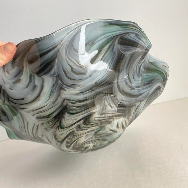 Vintage Art Glass Bowl Ruffle Green Swirl Gold Metallic Large Centerpiece Dish Signed For Sale - Image 6 of 11