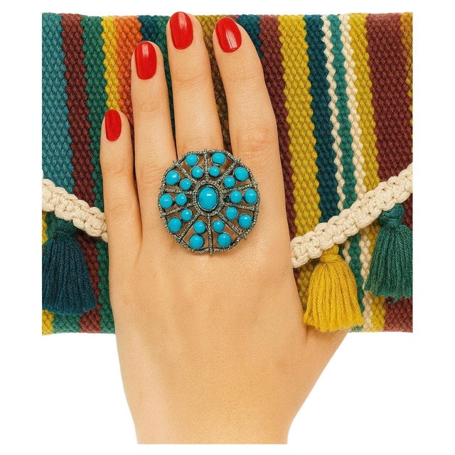 Late 20th Century Bochic “Orient” Diamond & Turquoise Retro Ring Set In 18K Gold & Silver For Sale - Image 5 of 6
