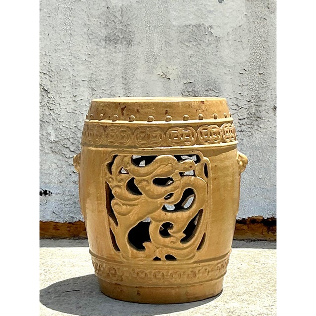 Vintage Boho Glazed Ceramic Medallion Low Stool For Sale In West Palm - Image 6 of 6