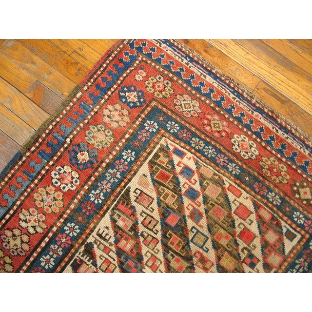 1890s Ivory Geometric Antique Caucasian Ganjeh Rug 3'6" X 8'4" Hand Knotted Wool Carpet For Sale - Image 4 of 6