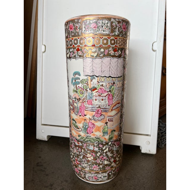 Mid Century Asian Umbrella/Cane Stand With Gold Accents Rose Medallion Style For Sale - Image 4 of 13
