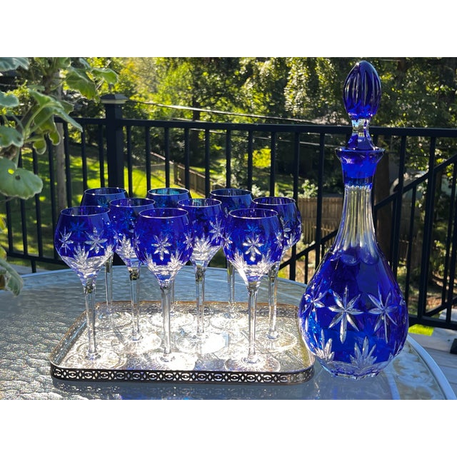 Traditional Vintage Set of 9 Horst Belda Germany Sapphire Cut-to-Clear Wine Hocks With Matching Decanter - 10 pcs For Sale - Image 3 of 12