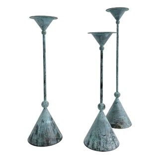 1990s Memphis Melano Style Candle Holders in Verdigris Finish- Set of 3 For Sale