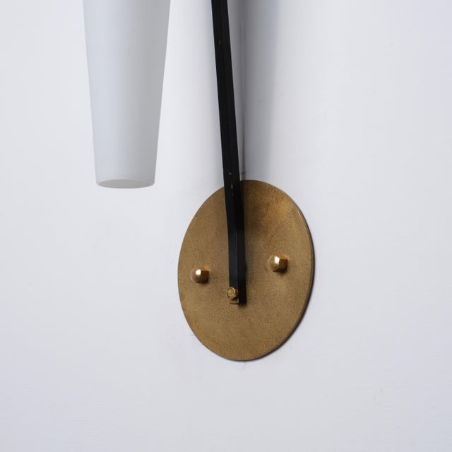 1950s Large Italian Brass, Black Metal and Opaline Glass Sconces, 1950s, Set of 2 For Sale - Image 5 of 10