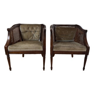 Pair of Vintage Cane Barrel Back Armchairs – French Regency Style, Calais Finish For Sale