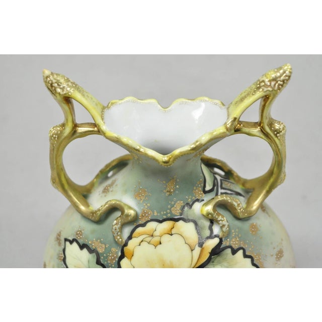 Antique Nippon Hand Painted Porcelain Twin Branch Handle Yellow Rose Small Vase For Sale - Image 10 of 13