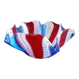 Vintage Murano Italian Latticino Glass Bowl in Red, White, & Blue For Sale