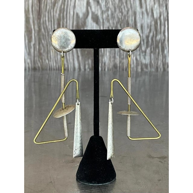 Mid-Century Modern Vintage Abstract Mixed Metal Dangle Earrings For Sale - Image 3 of 12
