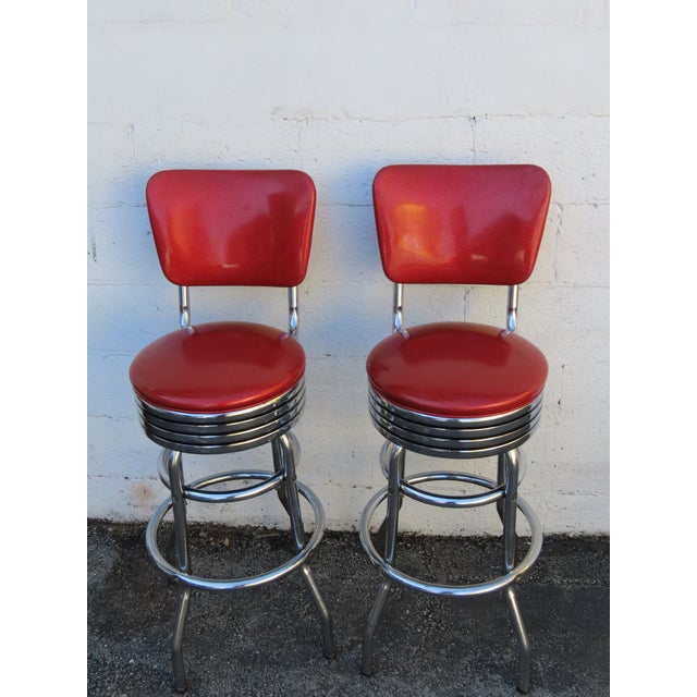 Retro Mid Century Modern Swivel Red Vinyl and Chrome Barstools 6350 For Sale - Image 17 of 18