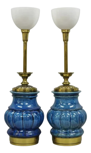 Mid 20th Century Stiffel Mid Century Modern Blue Crackle Glazed Ceramic Brass Table Lamps - Set of 2