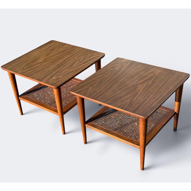 1963 Lane Walnut & Cane End Tables - Pair For Sale - Image 10 of 11