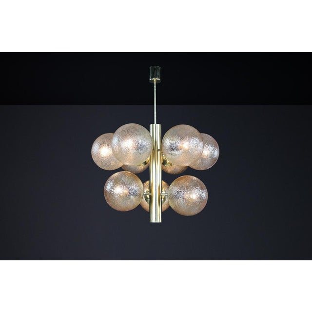 Patinated Brass 9-Globe Chandelier with from Kaiser Idell / Kaiser Leuchten, Germany, 1960s For Sale - Image 3 of 16