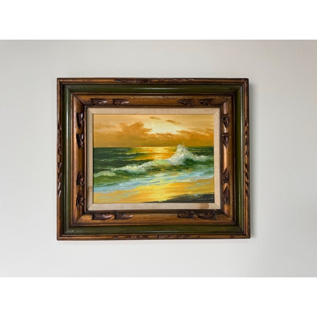 1980’s Vintage Sunset Ocean Landscape Oil on Canvas Painting – Unsigned For Sale - Image 10 of 11