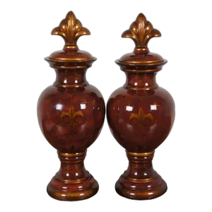 Mid 20th Century Oxblood Red & Gold Porcelain Fleur De Lis Mantel Vases Trophy Urns - a Pair
