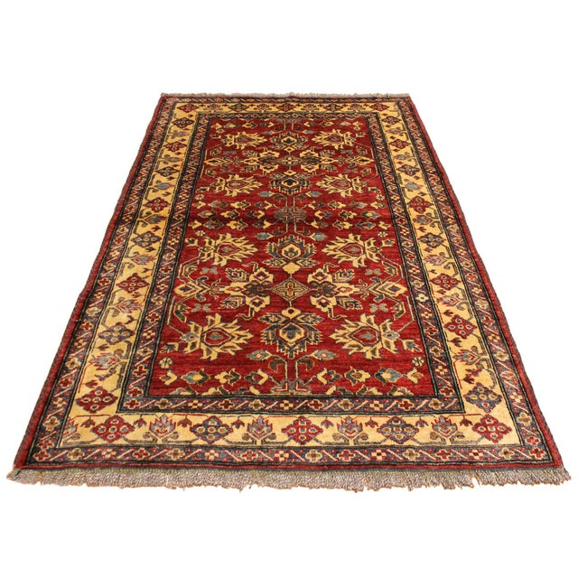 Boho Chic Super Kazak Red/Gold Wool Rug - 4'1'' X 5'5'' For Sale In New York - Image 6 of 10