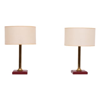 Red Stich Leather Table Lamps by Jacques Adnet, France, 1960s, Set of 2 For Sale
